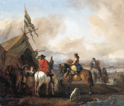 Een militair kampement met ruiters door Philips Wouwerman