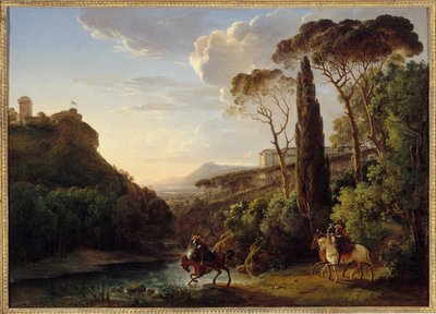 Italiaans landschap met drie ridders door Pierre Athanase Chauvin