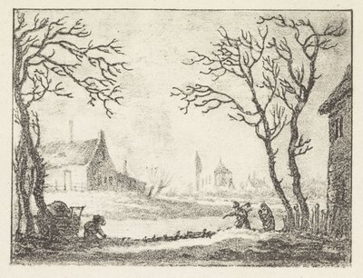 Winterlandschap met huizen en figuren door Pieter Bartholomeusz. Barbiers