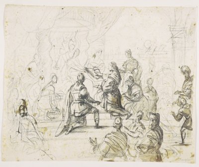 Figuren knielend voor koning op troon door Pieter Isaacsz