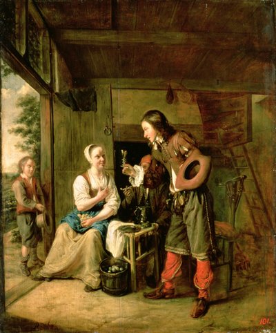 Krijger en dienaar, 1653 door Pieter de Hooch