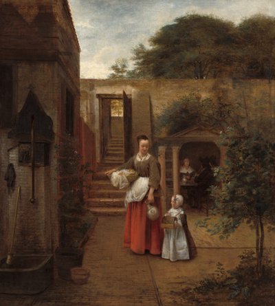 Vrouw en kind in een binnenplaats door Pieter de Hooch