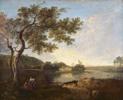 Italiaans rivierlandschap met figuren door Richard Wilson