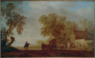 Landweg met herberg en reizigers door Salomon van Ruisdael or Ruysdael