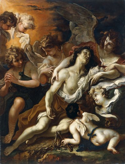 Heilige Maria Magdalena omringd door engelen door Sebastiano Ricci