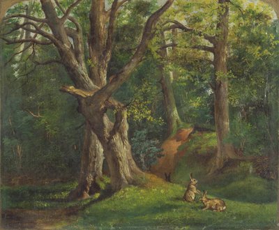 Boslandschap met konijnen door Sir Hubert von Herkomer