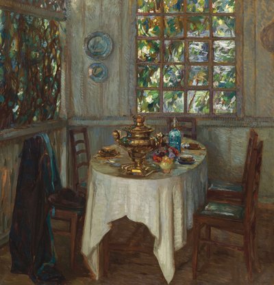 Interieur met samovar, 1914 door Stanislav Julianovic Zukovskij