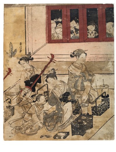 Vier meisjes van Yoshiwara in kamer door Suzuki Harunobu