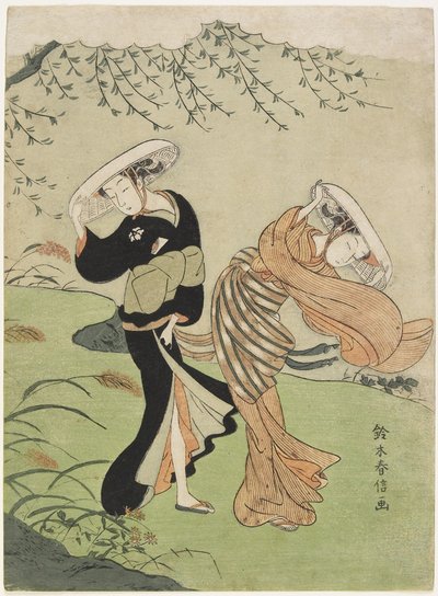 Twee Vrouwen in Sterke Wind, c. 1767 door Suzuki Harunobu