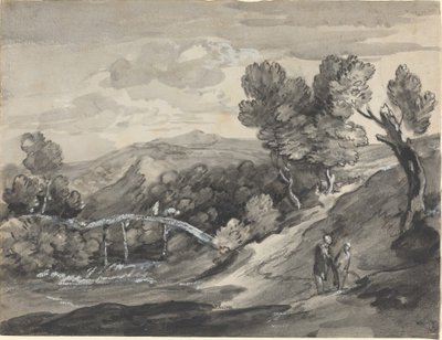 Bosrijk heuvellandschap met een brug door Thomas Gainsborough