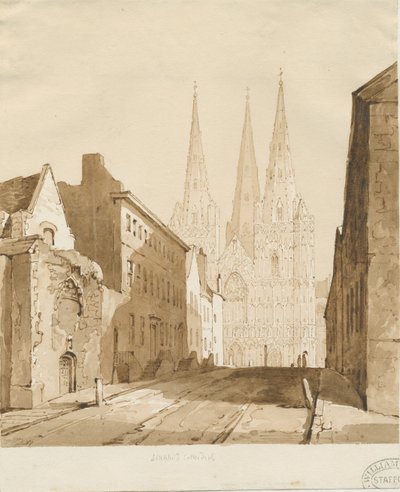 Lichfield Cathedral: rood-sepia tekening door Thomas Peploe Wood