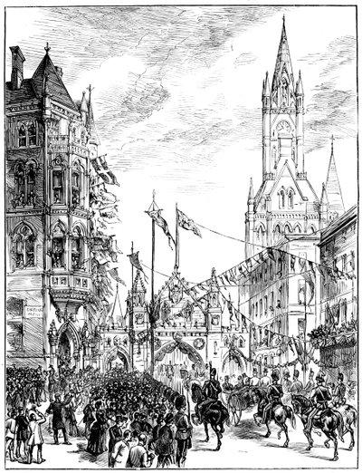 Processie die het Stadhuis nadert, Manchester, 1887 door Unbekannt