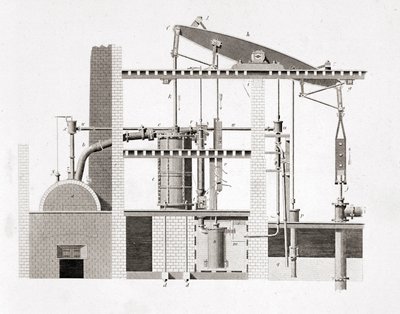 Watt stoommachine. Schema. 19e-eeuwse gravure door Unknown artist