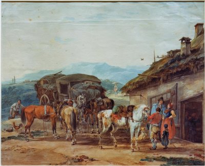 Paardenwissel van een reiswagen door Wilhelm von Kobell