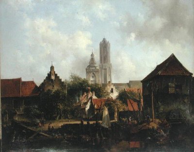 Kanaalscène met Utrecht door Willem Roelofs