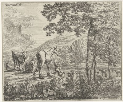 Landschap met een muildier en geiten door Willem de Heusch