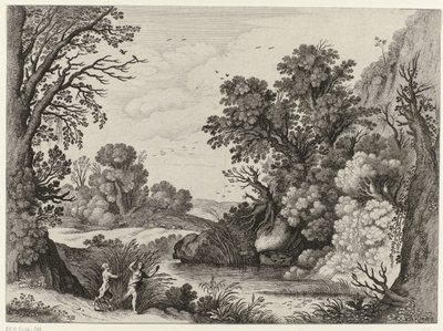 Landschap met Pan en Syrinx door Willem van Nieulandt (II)