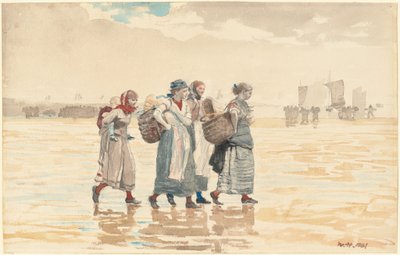 Vier visvrouwen op het strand door Winslow Homer