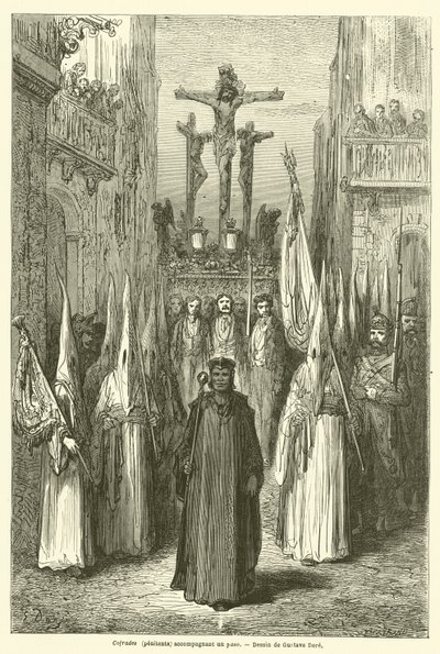 Cofrades (boetelingen) begeleiden een paso door Gustave after Dore