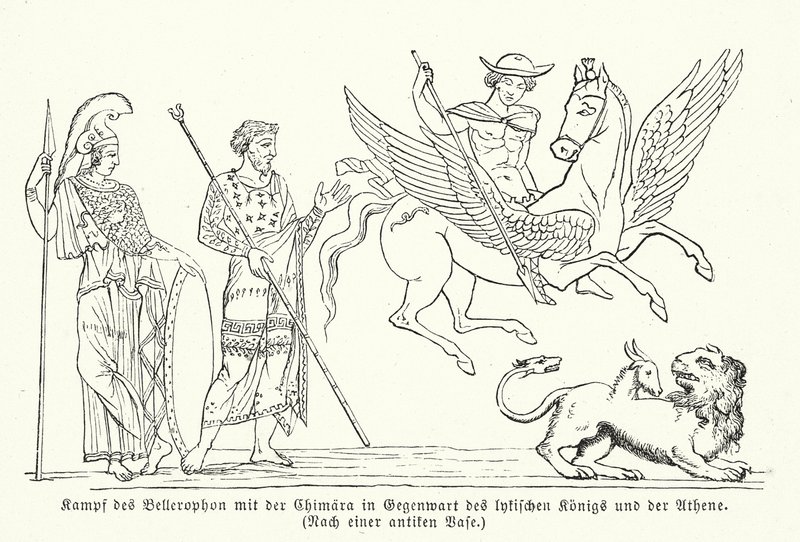 Bellerophon vecht tegen de Chimera (gravure) door (after) German School