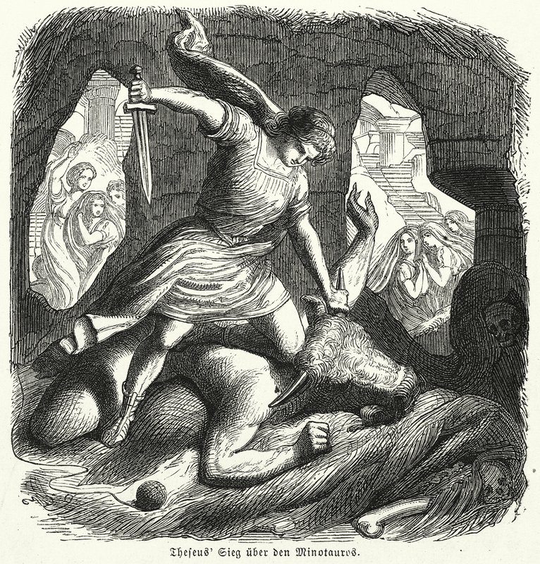 Theseus doodt de Minotaurus (gravure) door (after) German School