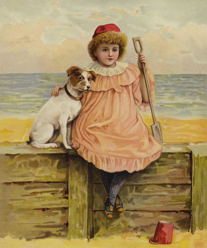 Een meisje dat met haar hond op het strand zit door English School