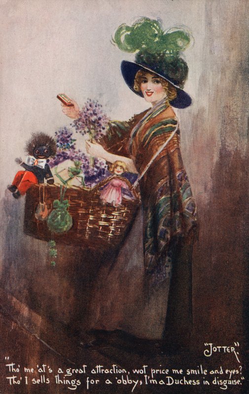 Meisje dat bloemen en speelgoed verkoopt door English School