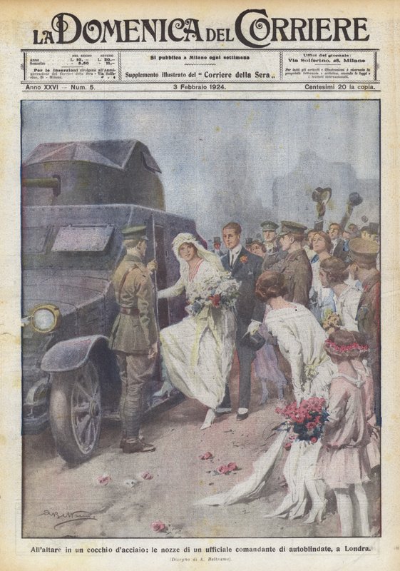 Bij het altaar in een stalen koets, het huwelijk van een commandant van gepantserde voertuigen, in Londen door Achille Beltrame