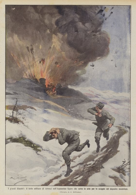 De grote rampen, het militaire fort van Arresci in de Apennijnen explodeert door Achille Beltrame
