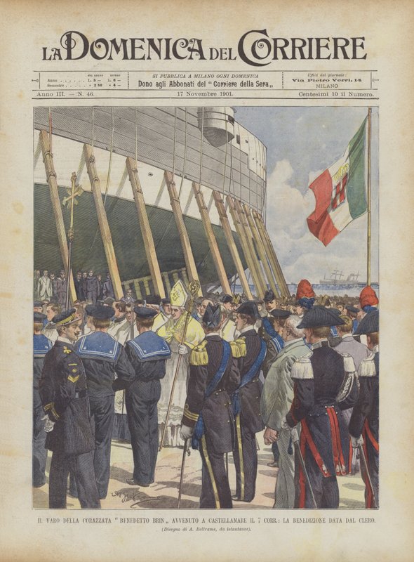 De tewaterlating van het slagschip Benedetto Brin in Castellamare op 7 december, de zegen gegeven door de geestelijkheid door Achille Beltrame