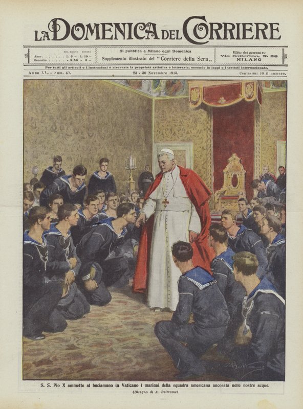 Pius X ontvangt de Amerikaanse matrozen die in onze wateren zijn aangemeerd voor een handkus in het Vaticaan door Achille Beltrame
