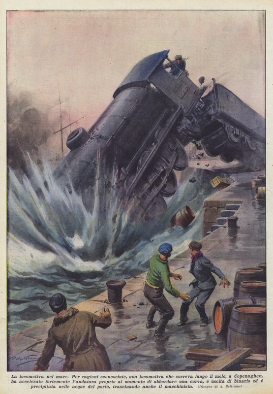 De locomotief in de zee door Achille Beltrame