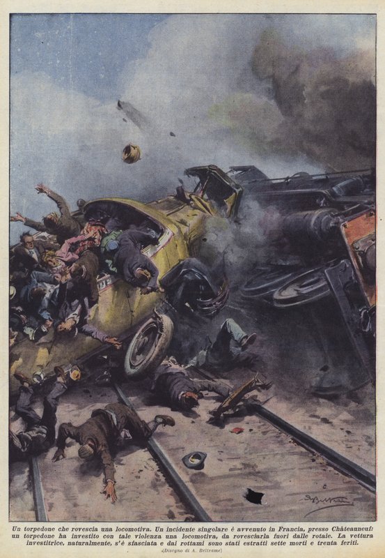 Een bus die een locomotief omverwerpt door Achille Beltrame