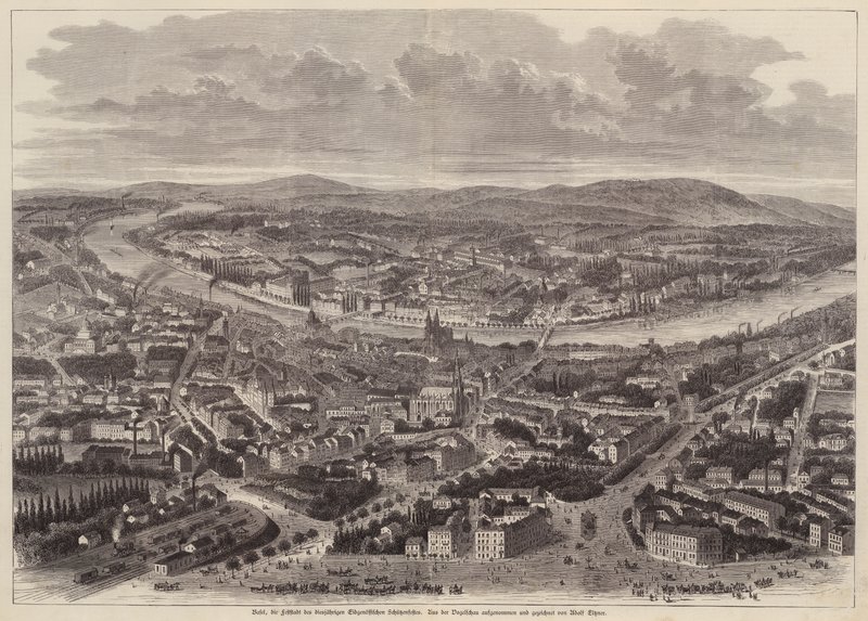 Vogelvlucht van Basel, Zwitserland (gravure) door Adolf Eltzner