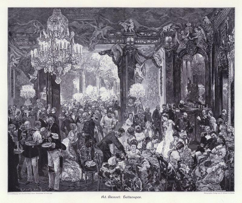 Bal diner (gravure) door Adolph Friedrich Erdmann von (after) Menzel