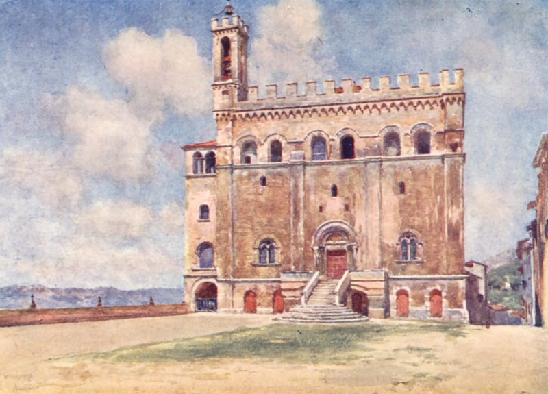 Palazzo Pubblico, Gubbio (kleur litho) door Alberto Pisa