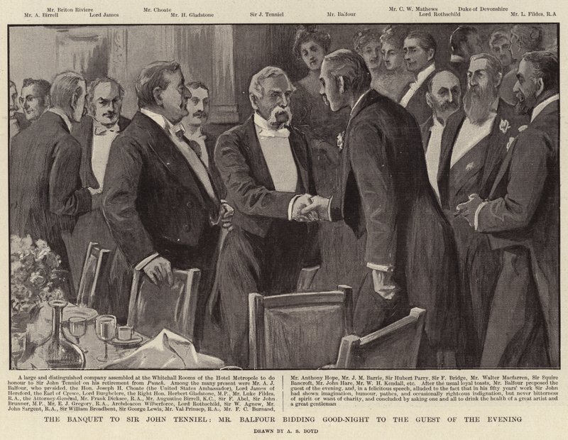 Het banket voor Sir John Tenniel, Mr Balfour neemt afscheid van de gast van de avond door Alexander Stuart Boyd
