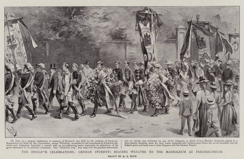 De Bismarck-vieringen, Duitse studenten dragen kransen naar het mausoleum in Friedrichsruh door Alexander Stuart Boyd