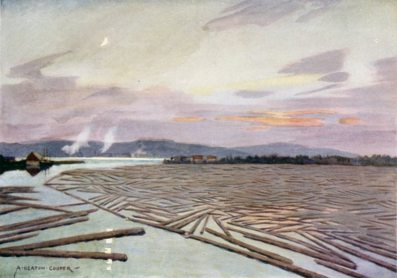 Hout op de rivier Angerman, Harnosand door Alfred Heaton Cooper
