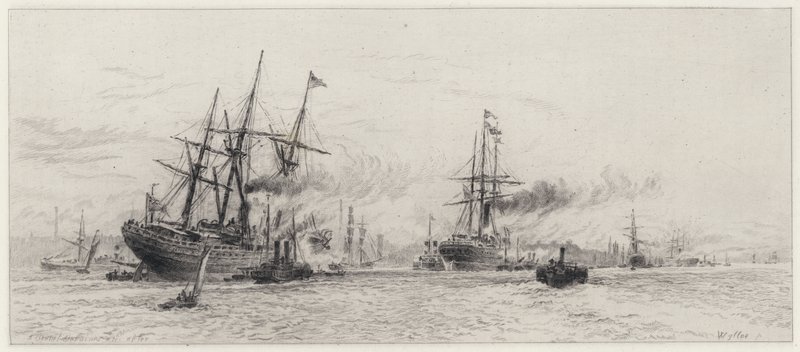 Schepen op de Mersey door Alfred Louis Brunet Debaines