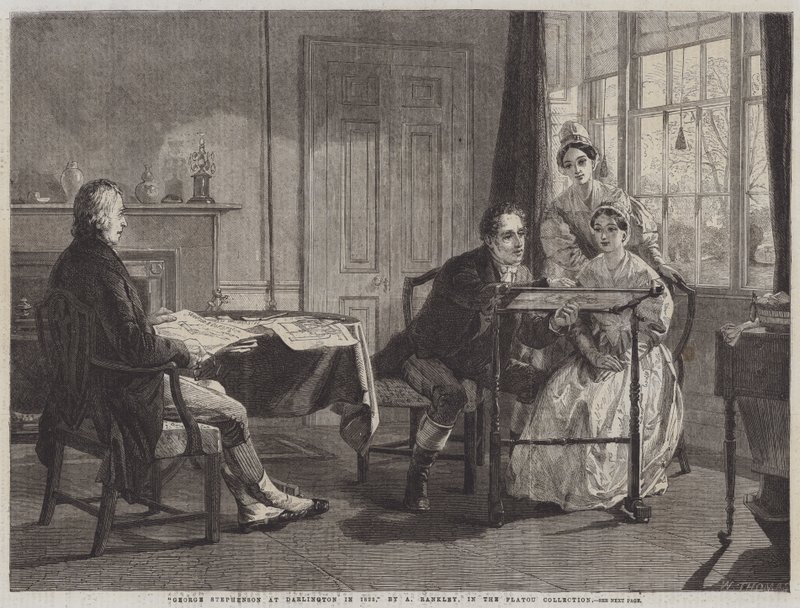 George Stephenson in Darlington in 1823 door Alfred Rankley