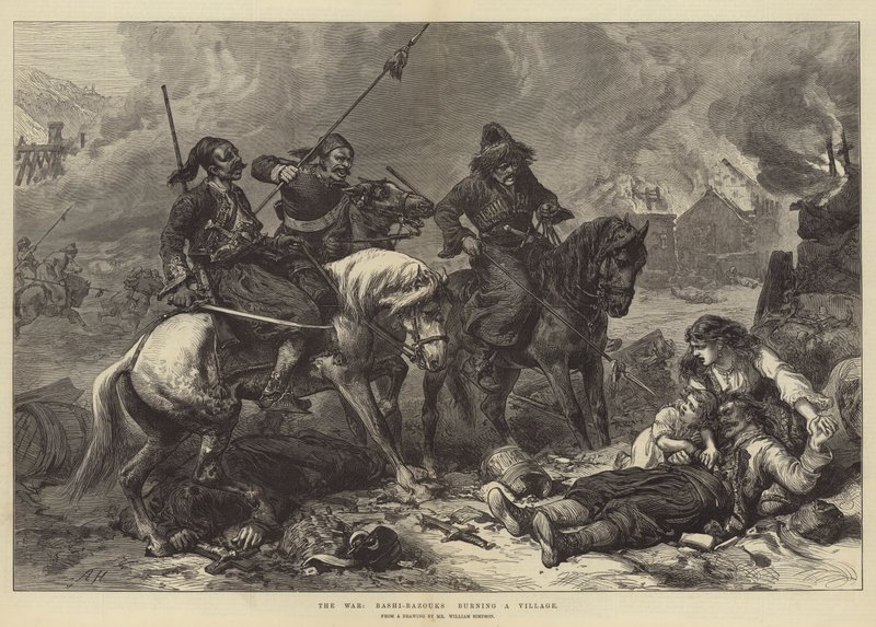 De oorlog, Bashi-Bazouks die een dorp in brand steken door Alfred William Hunt