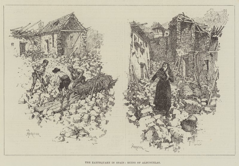 De Aardbeving in Spanje, Ruïnes van Albunuelas door Amedee Forestier