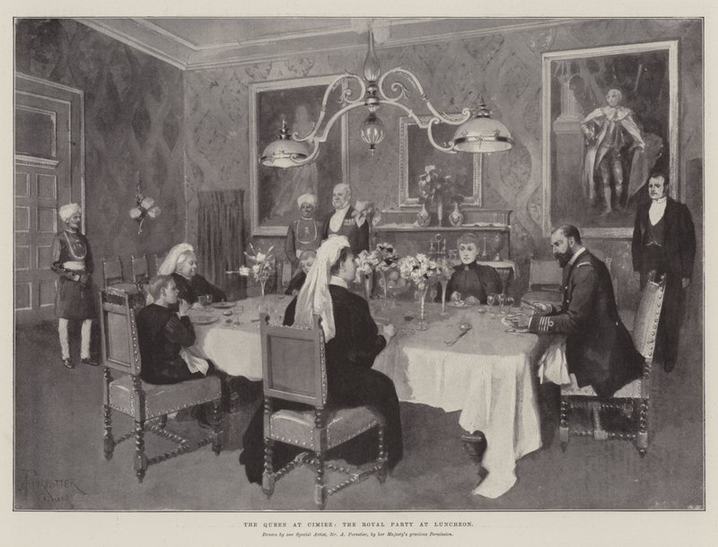 De Koningin in Cimiez, het Koninklijk Gezelschap bij de Lunch door Amedee Forestier