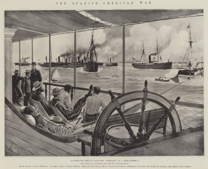 De Spaans-Amerikaanse Oorlog, aan boord van het Amerikaanse troepenschip Berkshire, nr. 9, met batterij 2 door Amedee Forestier