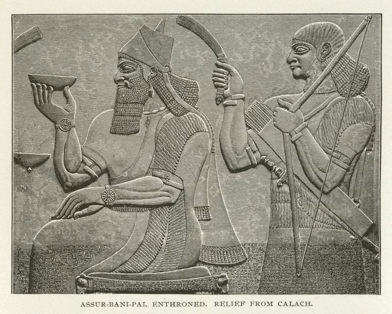 Assur-bani-pal op de troon, reliëf uit Calach door American School