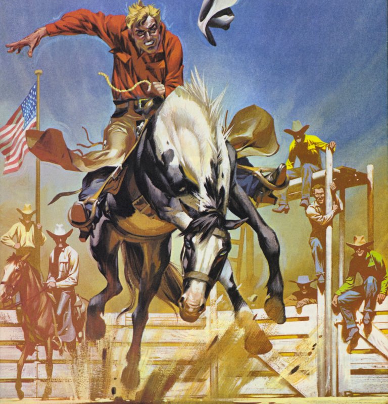Amerikaanse bronco rijder (kleurenlitho) door Angus McBride