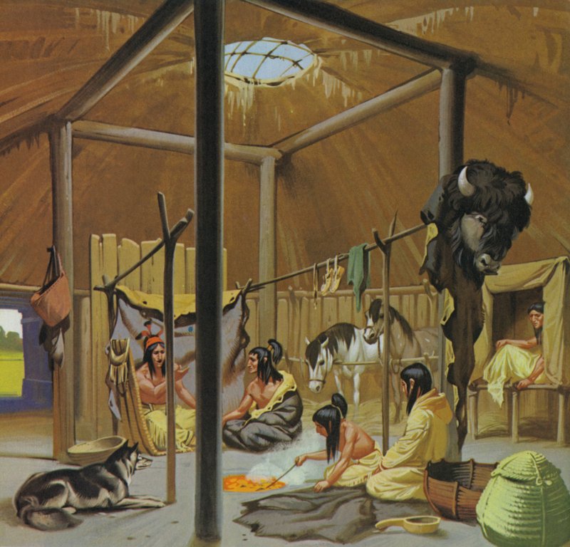 Mandan aarden hut (kleurenlitho) door Angus McBride
