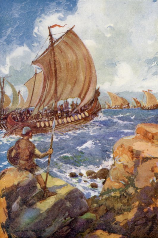 Koning Alfreds schepen gaan naar zee door Archibald Bertram after Webb