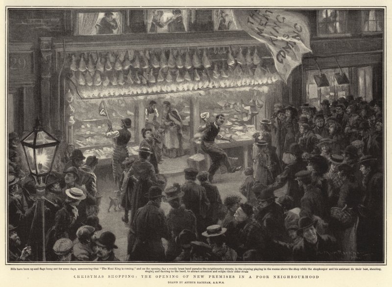 Kerstinkopen, de Opening van Nieuwe Gebouwen in een Arme Buurt door Arthur Rackham
